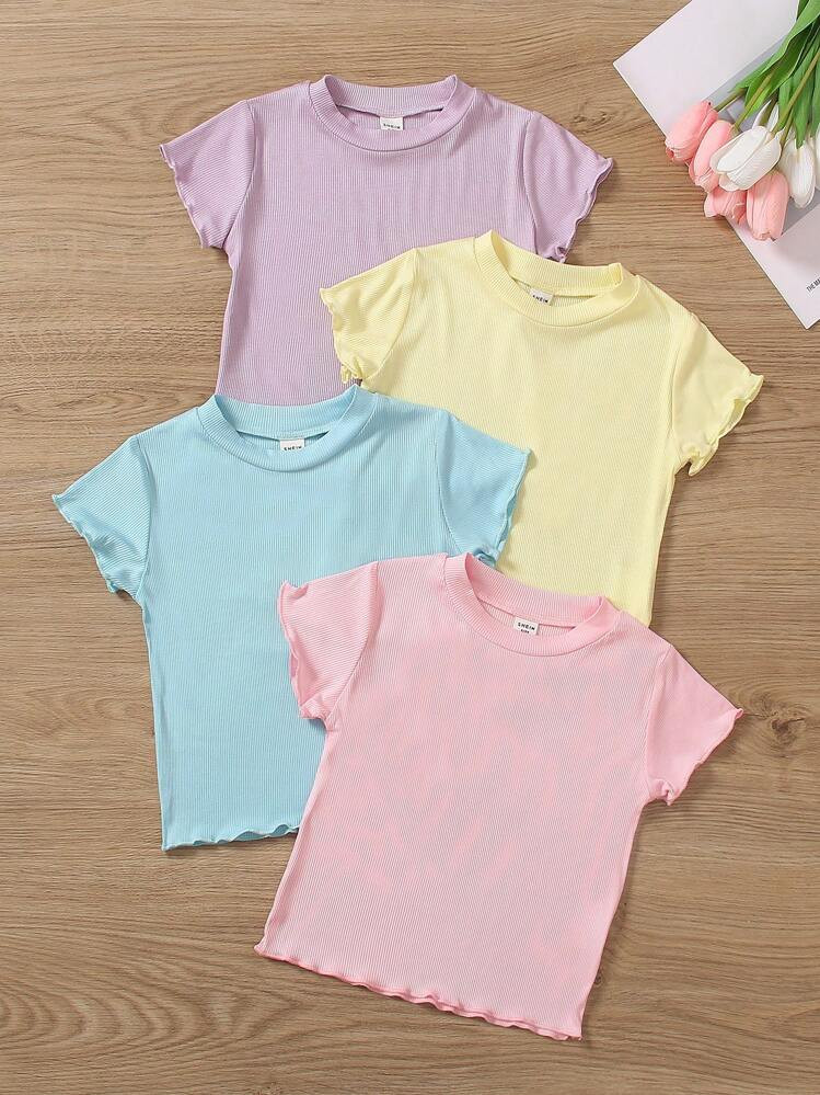Elladie kids 4pcs Summer Solid Color Round Neck Short Sleeve Casual T-Shirt For Young Girls, Scho... | SHEIN