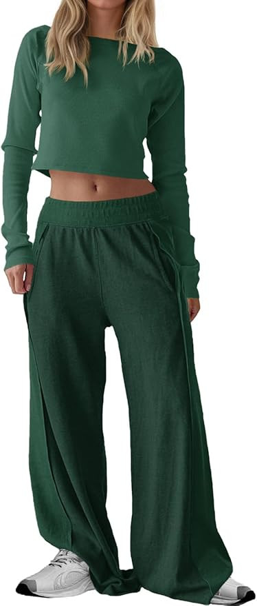 Fisoew Womens 2 Piece Sets Casual Off The Shoulder Long Sleeve Crop Tops Wide Leg Pants Tracksuit... | Amazon (US)
