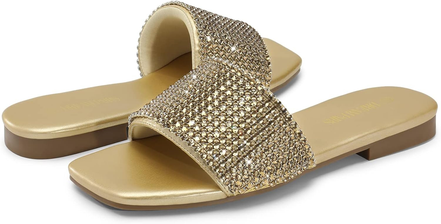 DREAM PAIRS Women's Cute Square Toe Summer Slip on Slides, Rhinestone Open Toe Dressy Flat Sandal... | Amazon (US)