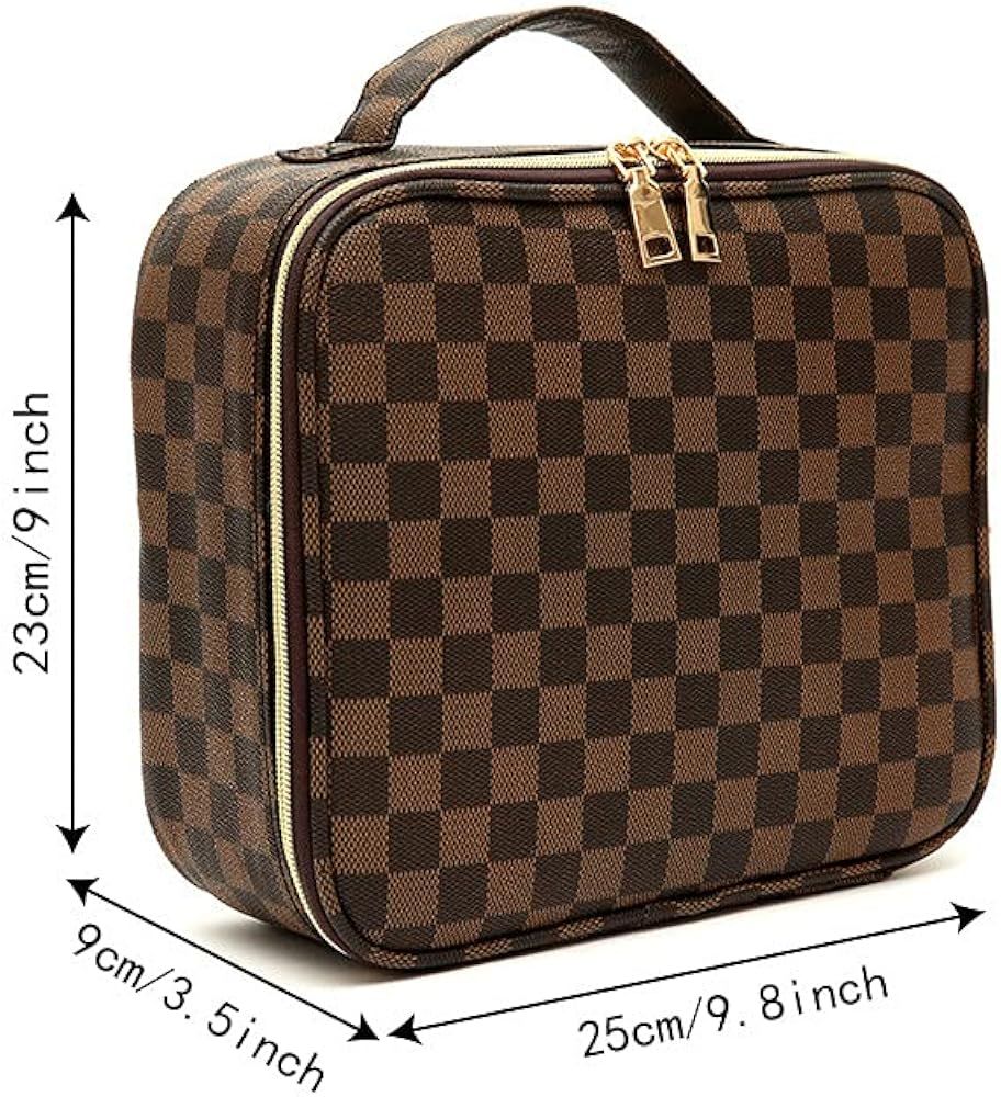 Cosmetic Travel Bag Checkered Makeup Bags For Women Hand-Portable PU Leather Waterproof Cosmetic Bag | Amazon (US)