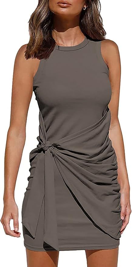 BTFBM Women Sleeveless Tank Casual Summer Bodycon T Shirt Dress Solid Tie Waist Ruched Stretch So... | Amazon (US)