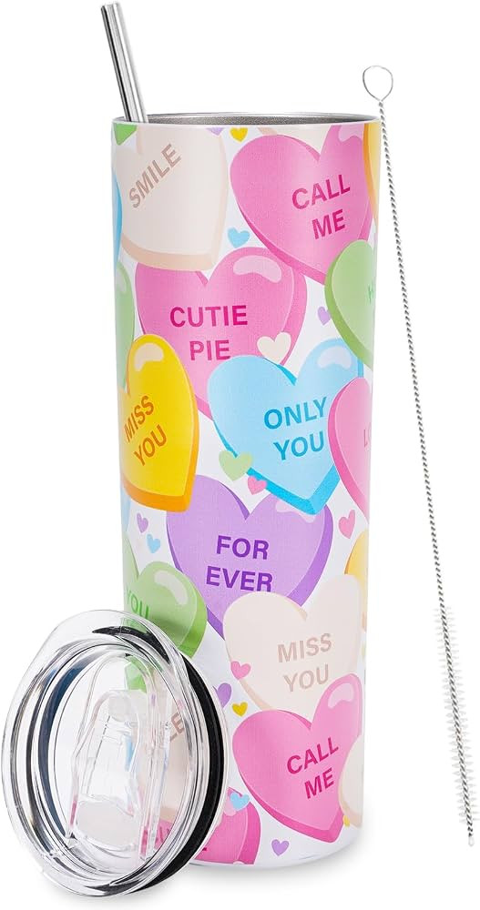 Whaline Valentine's Day Tumbler with Lid and Straw Conversation Heart Stainless Steel Cup Colorfu... | Amazon (US)