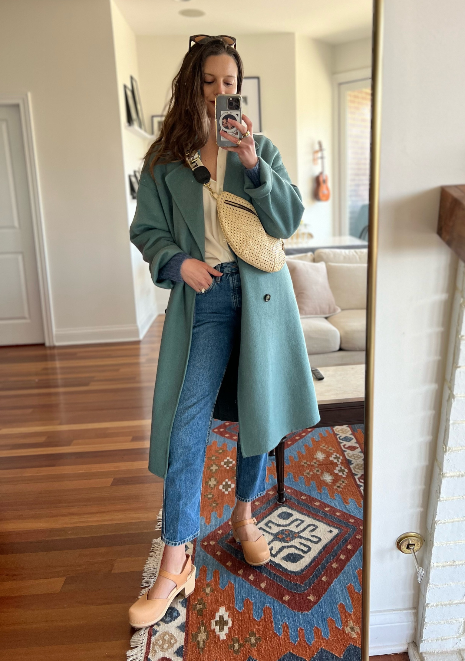 Coat runs big, blouse runs TTS! Purse comes in multiple color ways and you can buy so many mix and match straps at Clare V! 
