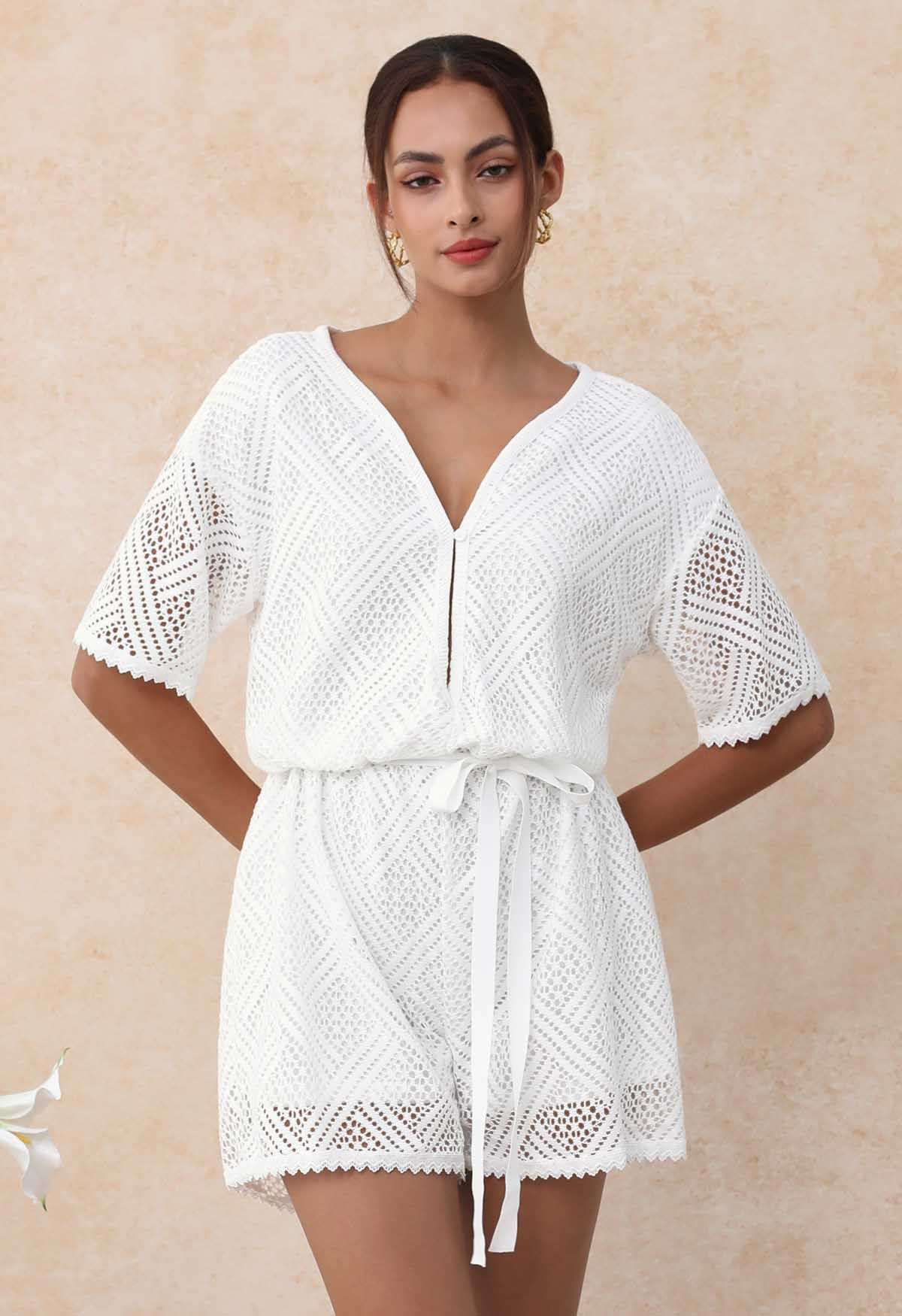 Deep V-Neck Eyelet Crochet Playsuit | Chicwish
