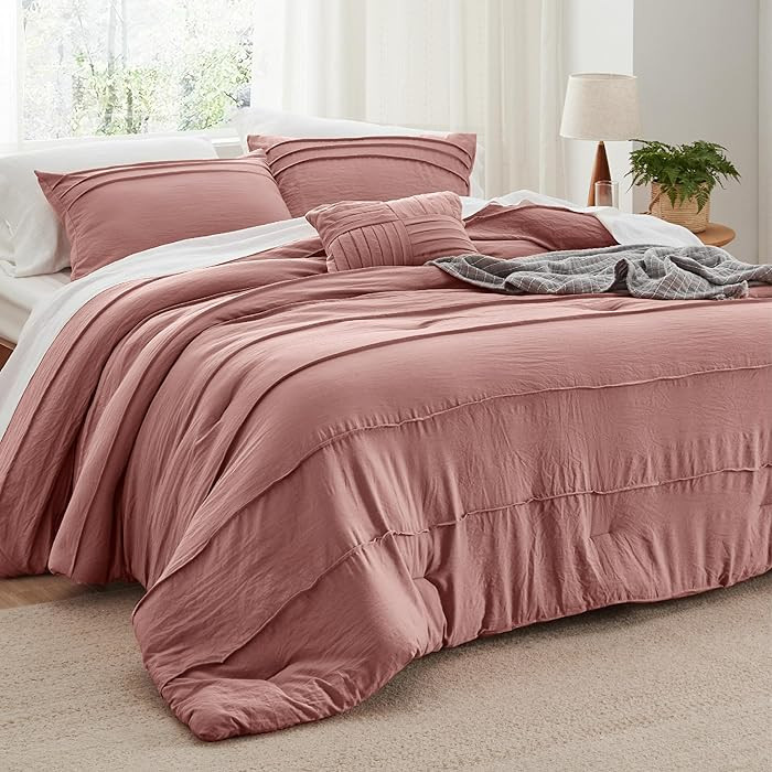 Bedsure Full Comforter Set - 4 Pieces Pinch Pleat Bed Set, Dusty Pink Boho Bedding for All Season... | Amazon (US)