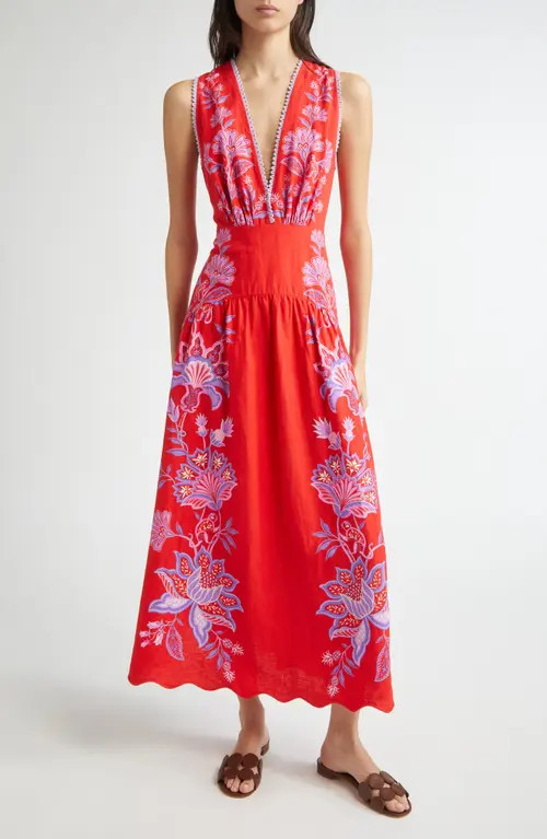 FARM Rio Porcelain Garden Floral Linen Maxi Dress in Red at Nordstrom, Size Small | Nordstrom