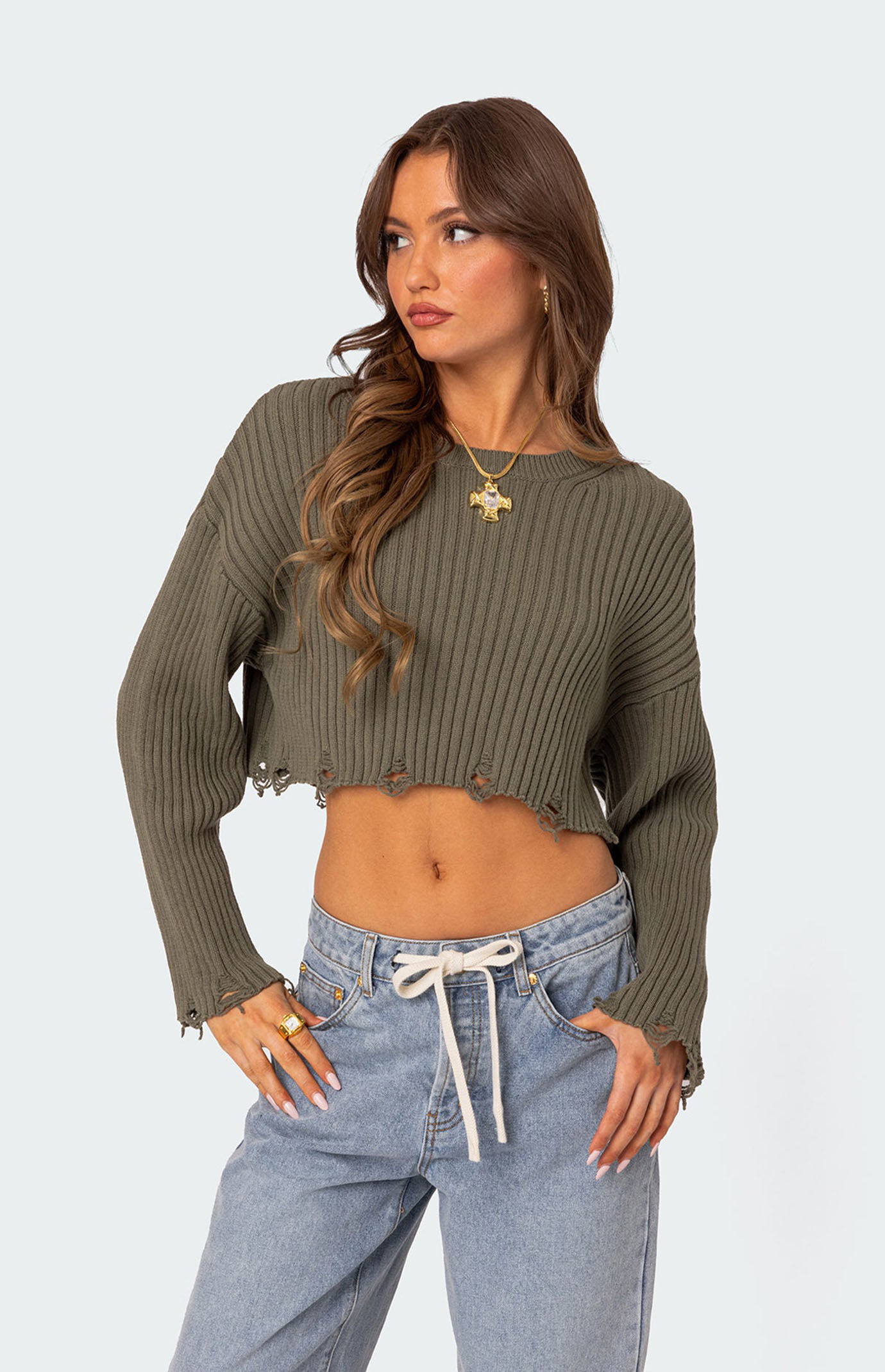 Edikted Women's Distressed Hem Oversized Cropped Sweater in Olive - Size XS/S | PacSun