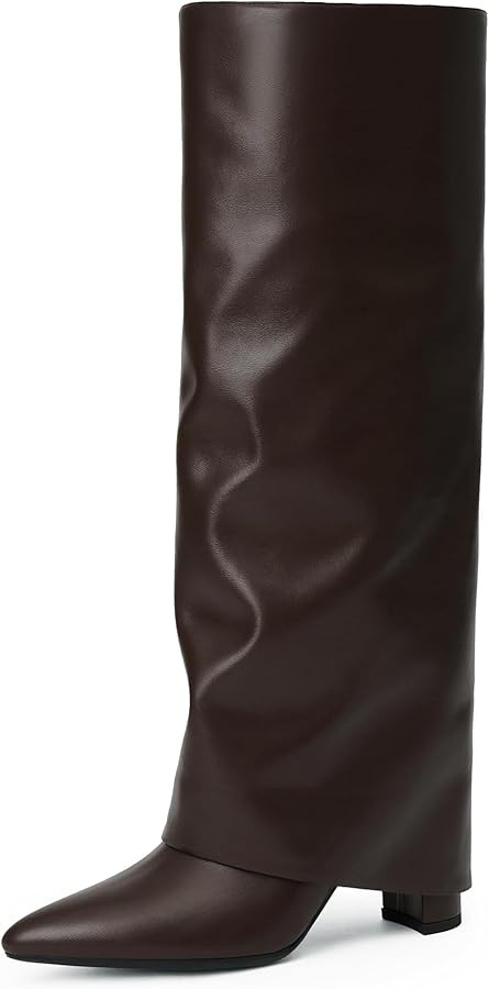 Modatope Knee High Boots Women Fold Over Knee High Boots Chunky High Heels Long Boots Zipper Poin... | Amazon (US)