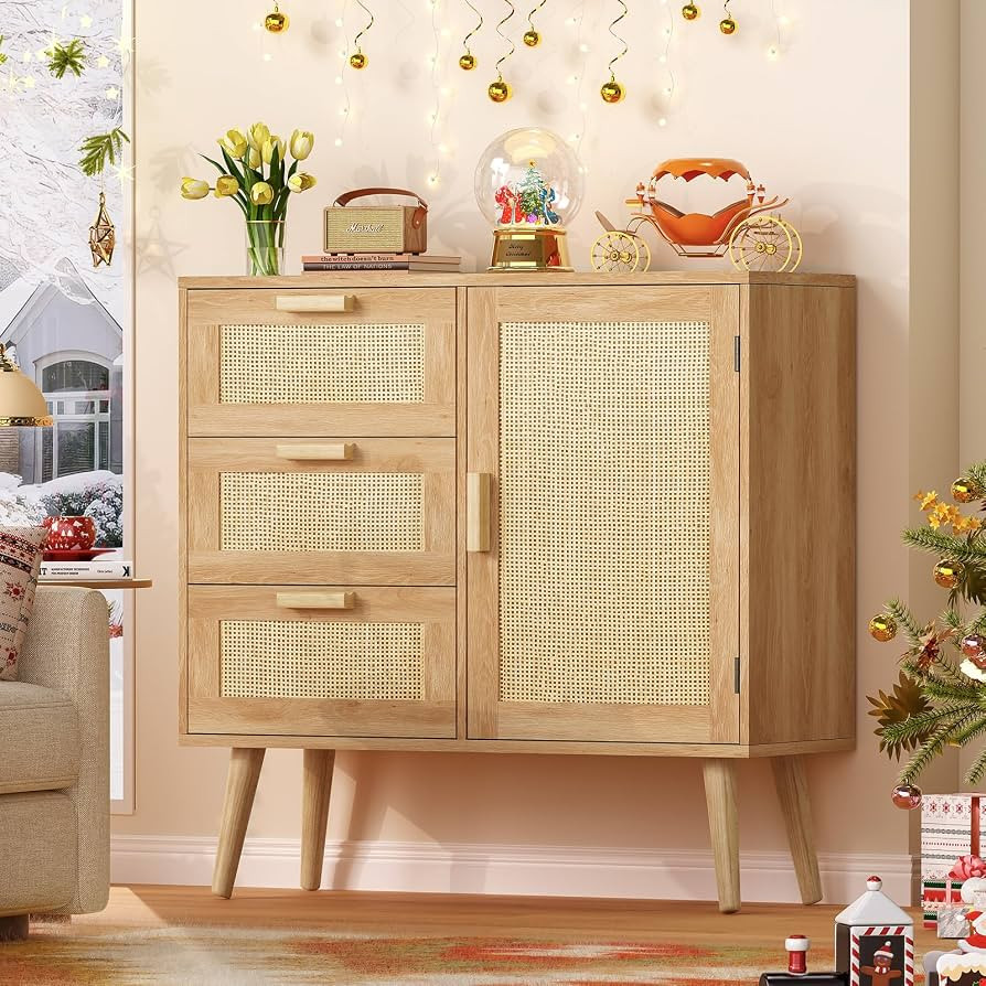 Iwell Storage Cabinet with 3 Drawers, Rattan Cabinet with Adjustable Shelf, Accent Cabinet for Li... | Amazon (US)