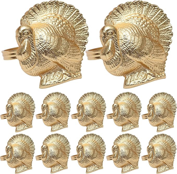 Gold Napkin Rings Set of 12 - Turkey Bird Stylish Metal Lightweight Serviette Holders for Elegant... | Amazon (US)