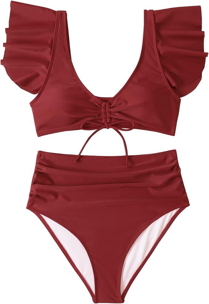 Heat Move Women Ruffle Flounce High Waisted Bikini Tie Bandeau Two Piece Swimsuit | Amazon (US)