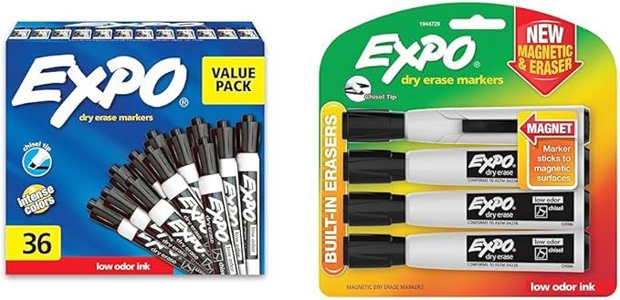 EXPO Low Odor Dry Erase Markers, Chisel Tip, Black, 36 Count & Magnetic Dry Erase Markers with Er... | Amazon (US)