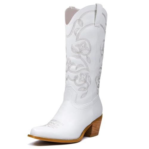 GOSERCE Women's Western Cowboy Cowgirl Boots Floral Embroidery Pointed Toe Mid Calf Chunky Heel 2.5" Pull-On Fashion Boots White，11 | Amazon (US)