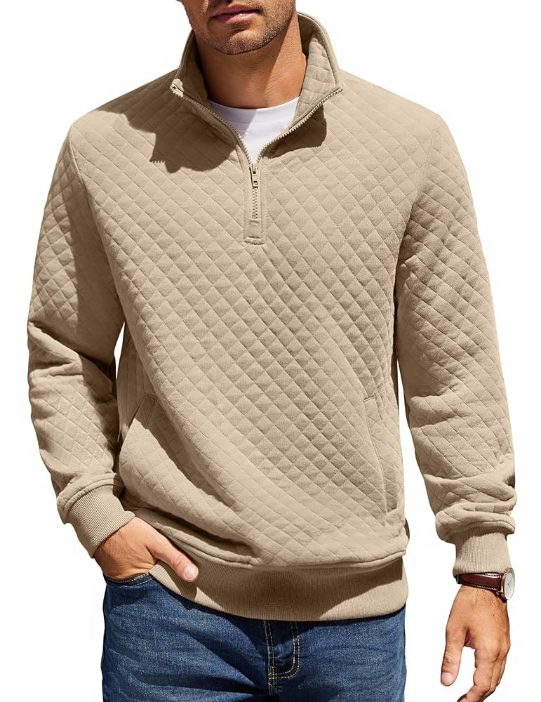 COOFANDY Mens Quarter Zip Pullover Quilted Sweatshirt Knit Long Sleeve Mock Neck Sweater Polo wit... | Amazon (US)