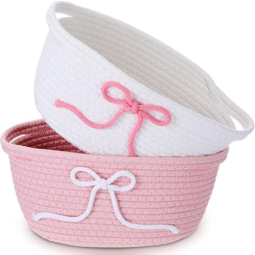 Glooglitter 2 Pcs Pink Bow Storage Baskets Woven Cotton Rope Laundry Hamper with Handles for Home... | Amazon (US)