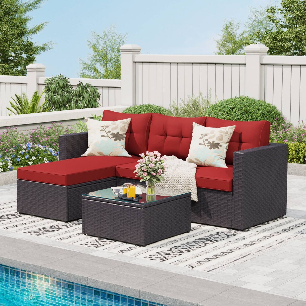 3pc Steel & Wicker Outdoor Conversation Set with Square Coffee Table & Cushions - Captiva Designs | Target