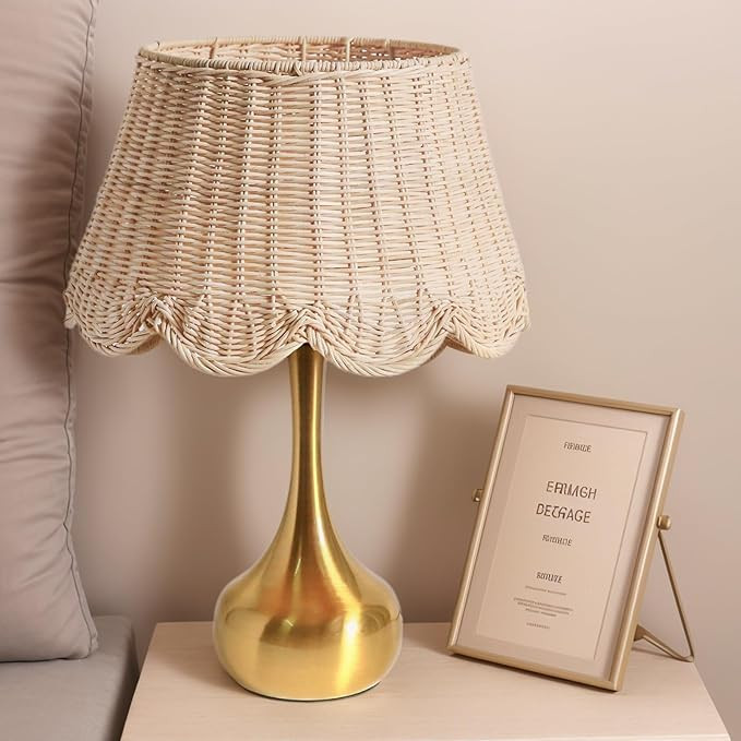 Premium Scalloped Rattan Shade Table Lamp, Small Brass Gold Table Lamps for Nightstand, Gold Smal... | Amazon (US)