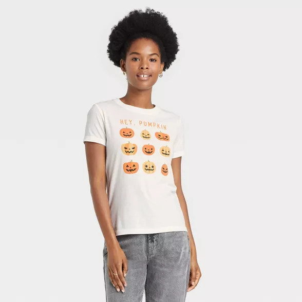 Women's Halloween Pumpkin Grid Short Sleeve Graphic T-Shirt - White | Target