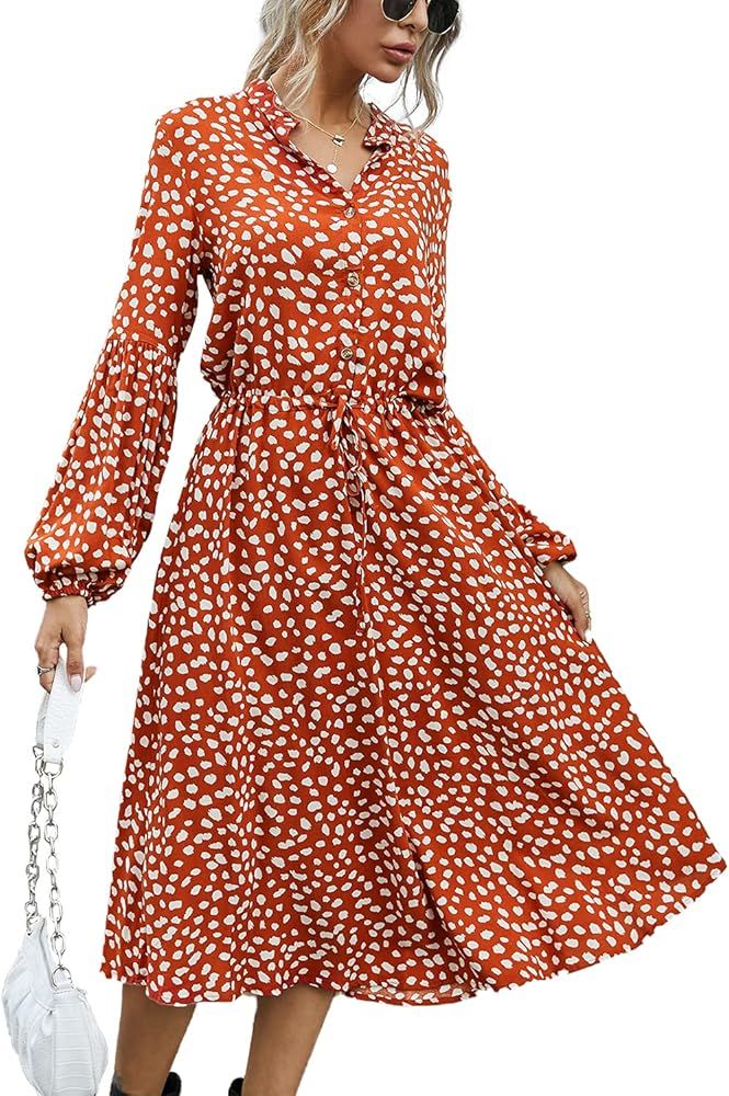 BROVAVE Women's Casual Polka Dot Print Vintage Short Sleeve Collar Midi Dress Summer | Amazon (US)