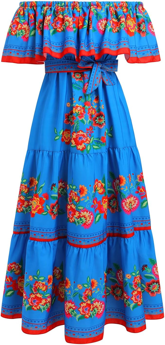 Women Mexican Dress Summer Floral Print Traditional Ethnic Wear Off Shoulder Beach Holiday Party ... | Amazon (US)