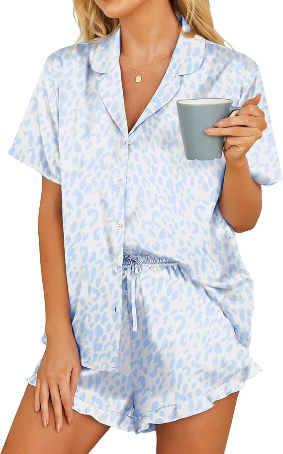 HOTOUCH Womens Satin Pajamas Set Button Down 2 Piece Silk Pjs Shorts Set Ruffle Lingerie Notch Co... | Amazon (US)