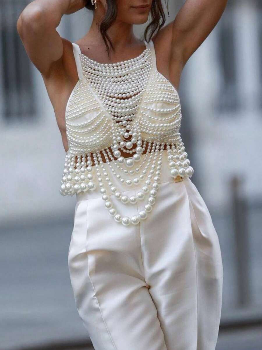 1Pc High Luxury Women's Pearl Vest Body Chain Classy Spaghetti Strap Top Hot Girls Cami Street St... | SHEIN