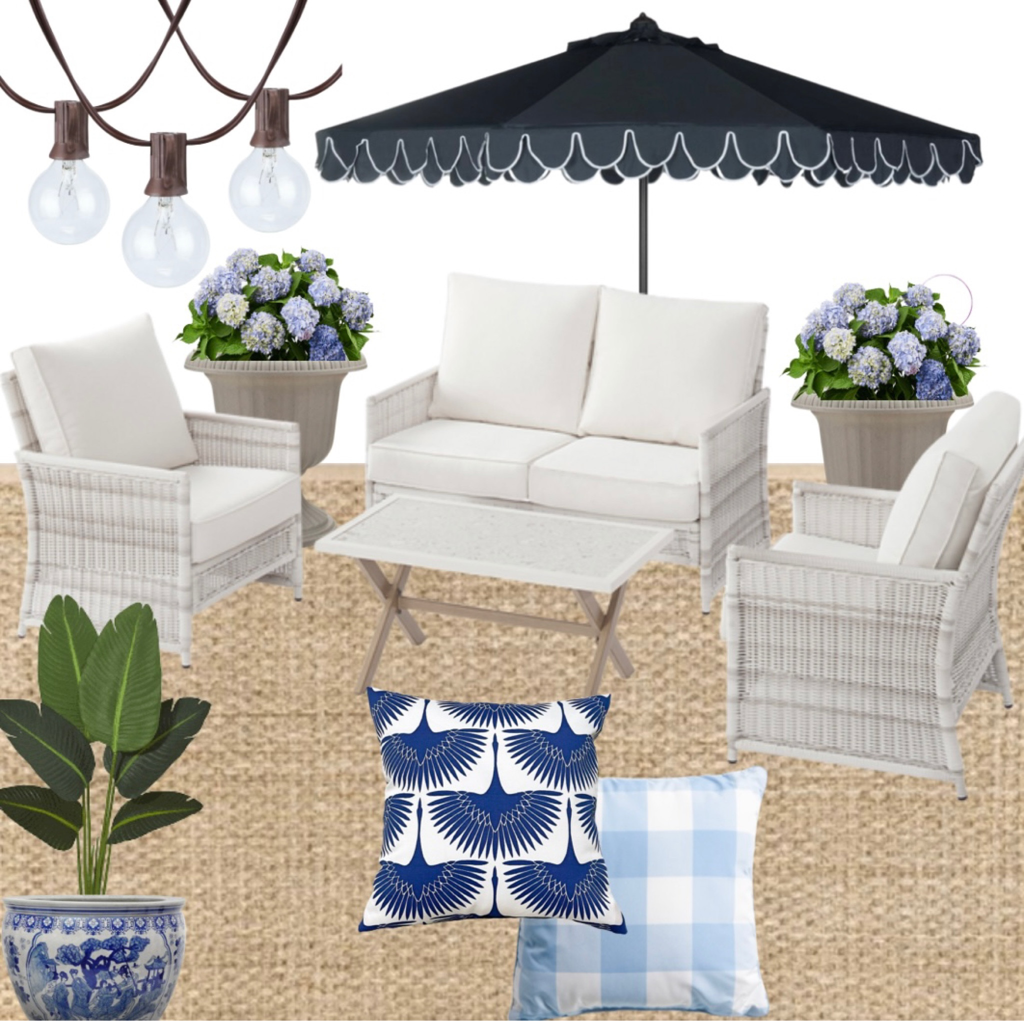 Patio furniture // outdoor string lights // patio umbrella // wicker // planter urns // blue and white // outdoor pillows // outdoor rug // chinoiserie // grandmillennial // traditional // preppy // Walmart //Amazon // budget friendly 

#LTKhome #LTKSeasonal #LTKFind