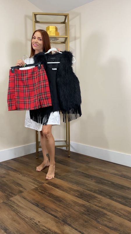 Faux fur vest outfit with cowboy boots and skirt 