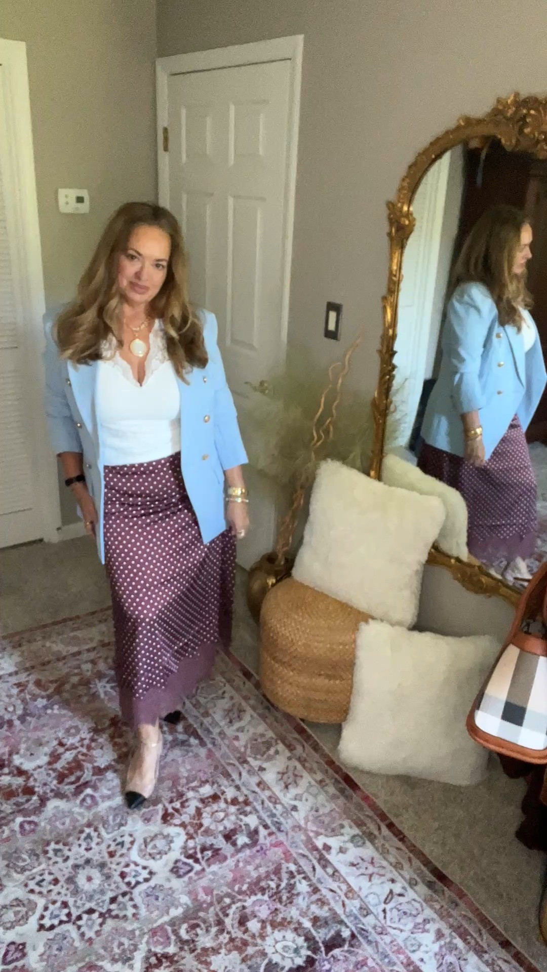 Satin midi with polka dot print and lace hem. Encompassing two majors trends this Fall. Dress it for work or dress it down for weekends.

#LTKootd #LTKgrwm #LTKWorkwear