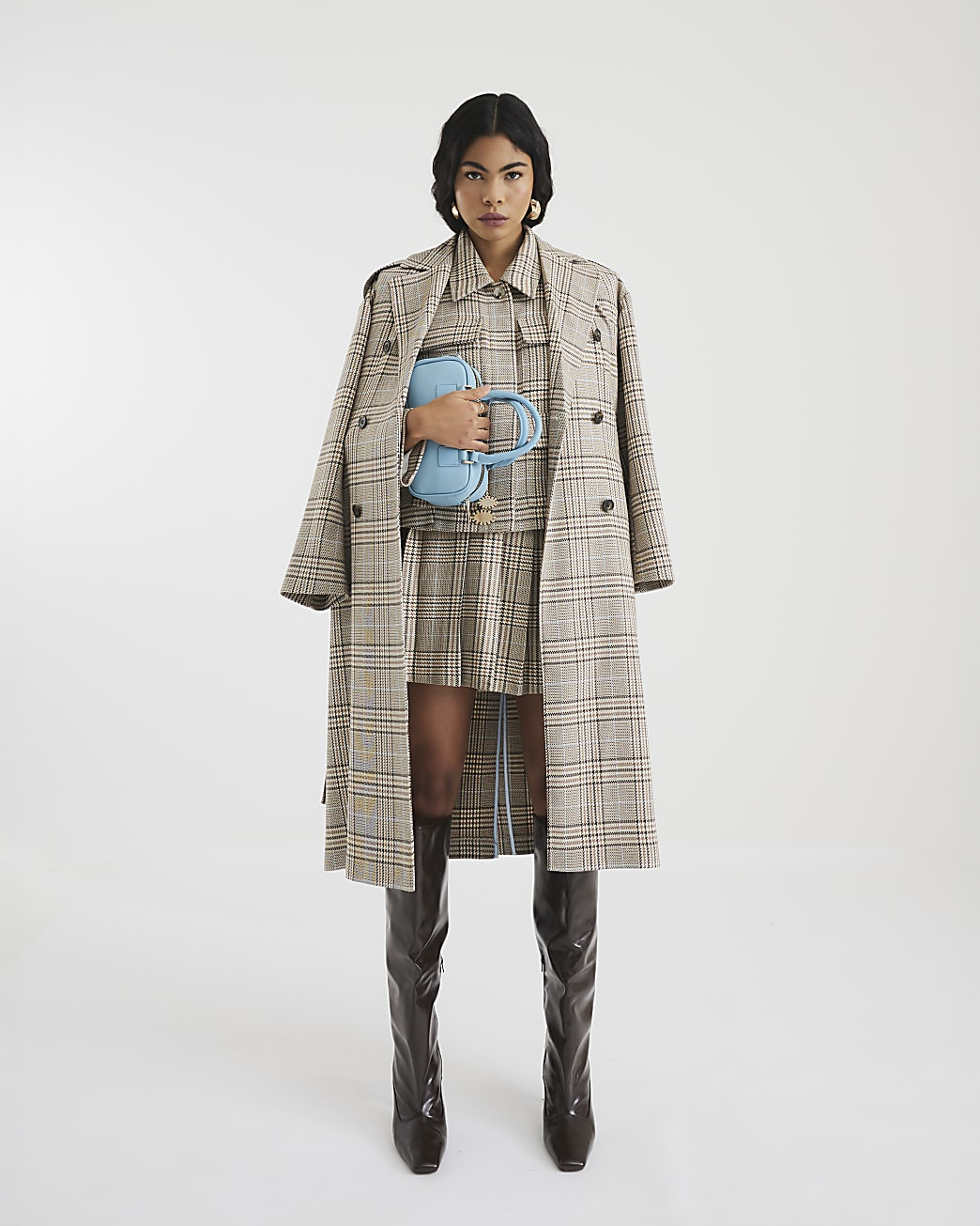 Brown Pleated Check Mini Skirt | River Island UK & IE