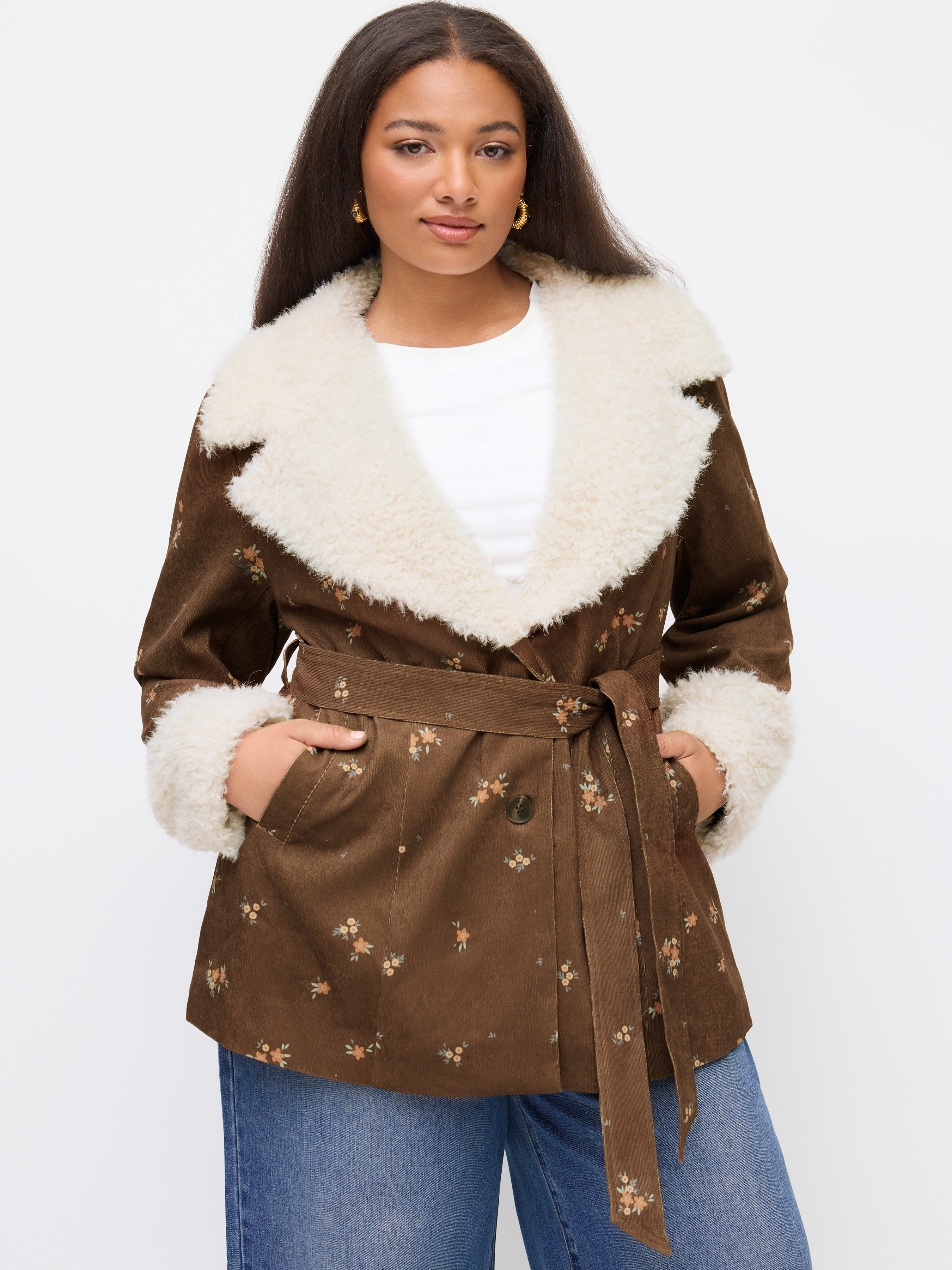 Corduroy Corduroy Floral Jacket With Faux Fur Trim Curve & Plus For Daily Casual Date | Cider