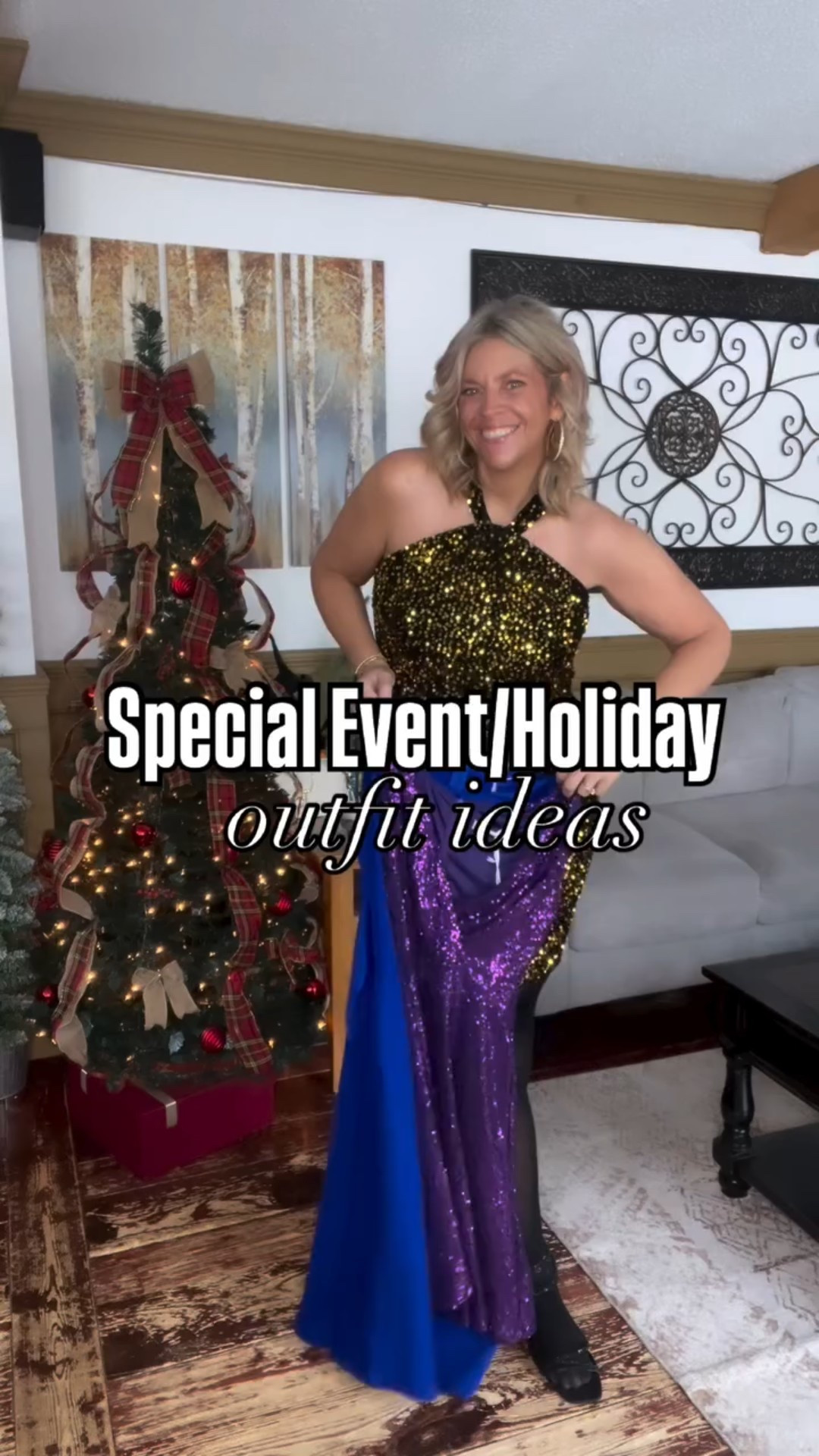I have codes!!!Love these gorgeous holiday / special event dresses & that blazer perfect for Christmas, NYE, a wedding, date night… wearing size large in everything (size 14 in gold dress). 
Codes:
Purple dress: QDYNLHIO.
Royal blue dress: VPECNXFO.
Gold dress: OFPIADTF.
Blazer: ZWK3VBCP.

#LTKFindsUnder50 #LTKHoliday #LTKMidsize