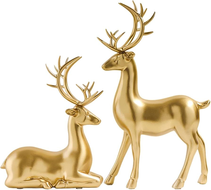 Beavorty Gold Christmas Reindeer Figurines 2pcs Resin Couple Deer Sculptures Mini Xmas Deer Statu... | Amazon (US)
