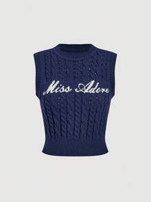 SHEIN MOD Women's Casual Collegiate Style Cable Knit Sweater Vest,Fall ,Navy Knitted Top | SHEIN