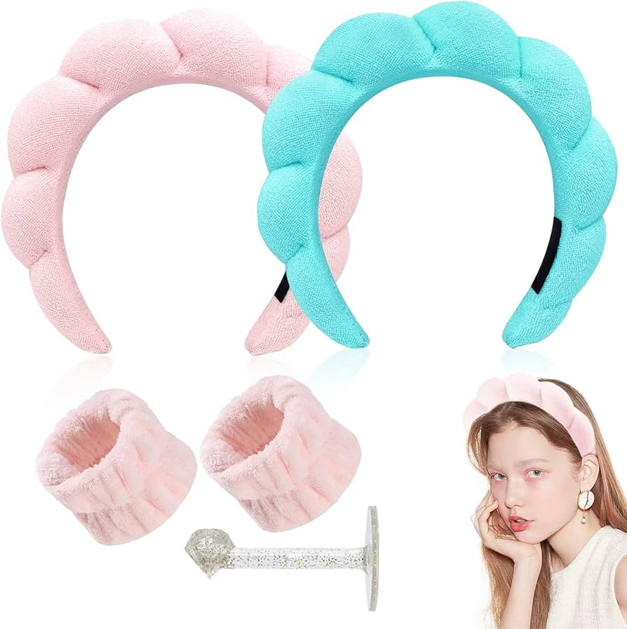 2pcs Sponge Spa Headband for Women Terry Towel Cloth Fabric Skincare HeadBands Wristband for Wash... | Amazon (US)