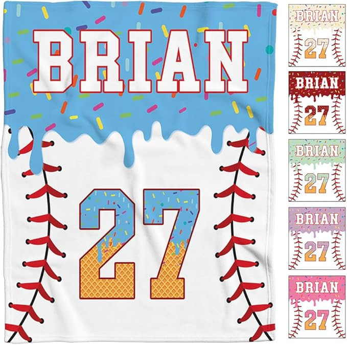 Personalized Baseball Ice Cream Drip Blanket – Custom Name & Number Baseball Throw Blanket, Sof... | Amazon (US)