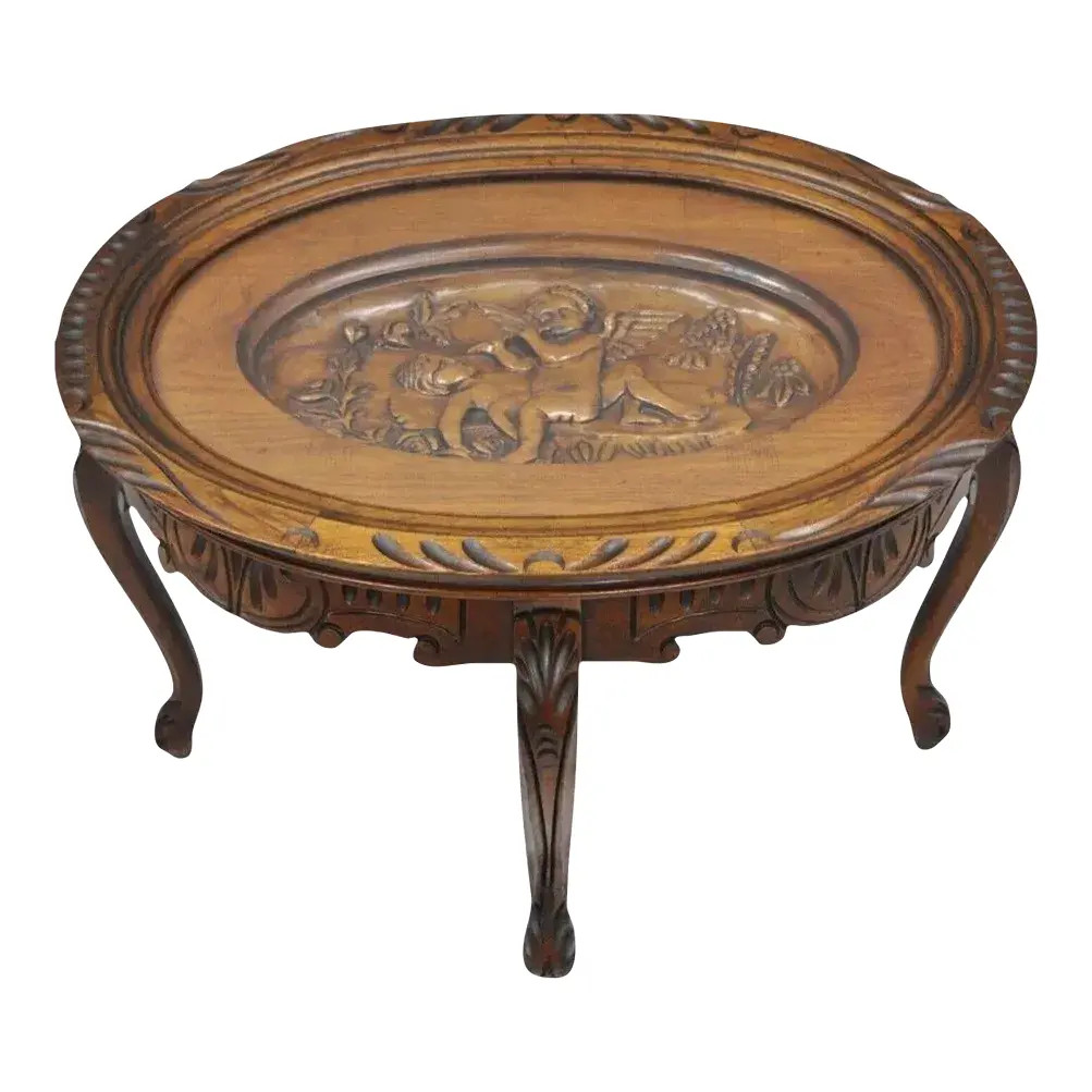 French Renaissance Style Glass Top Tray Coffee Table With Carved Cherubs Angels | Chairish