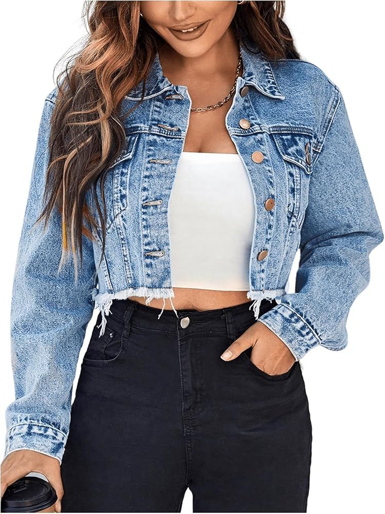 Floerns Women's Raw Hem Long Sleeve Button Down Pocket Cropped Denim Jean Jacket | Amazon (US)