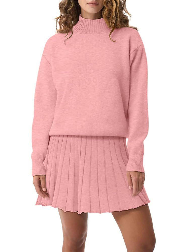 Women's Two Piece Outfits Turtleneck Long Sleeve Ribbed Knit Tops Pleated Mini Skirt 2025 Casual ... | Amazon (US)
