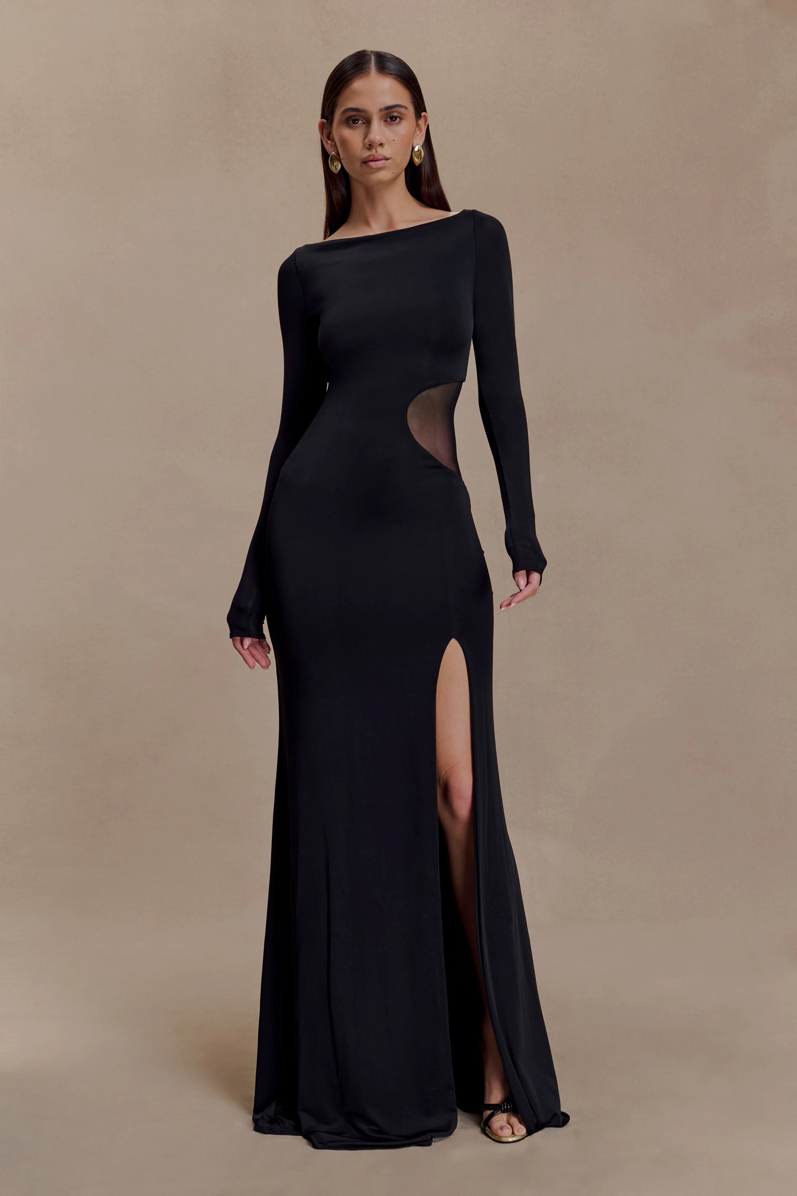 Megan Slinky And Mesh Maxi Dress - Black | MESHKI US