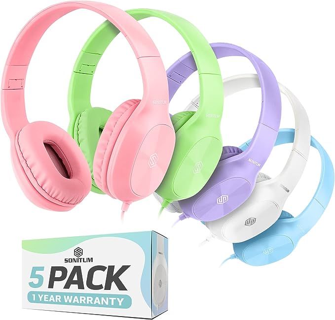 Sonitum Kids Headphones for School Bulk Set 5-Pack On-Ear, 3.5mm, Wired Headphones for Schools & ... | Amazon (US)