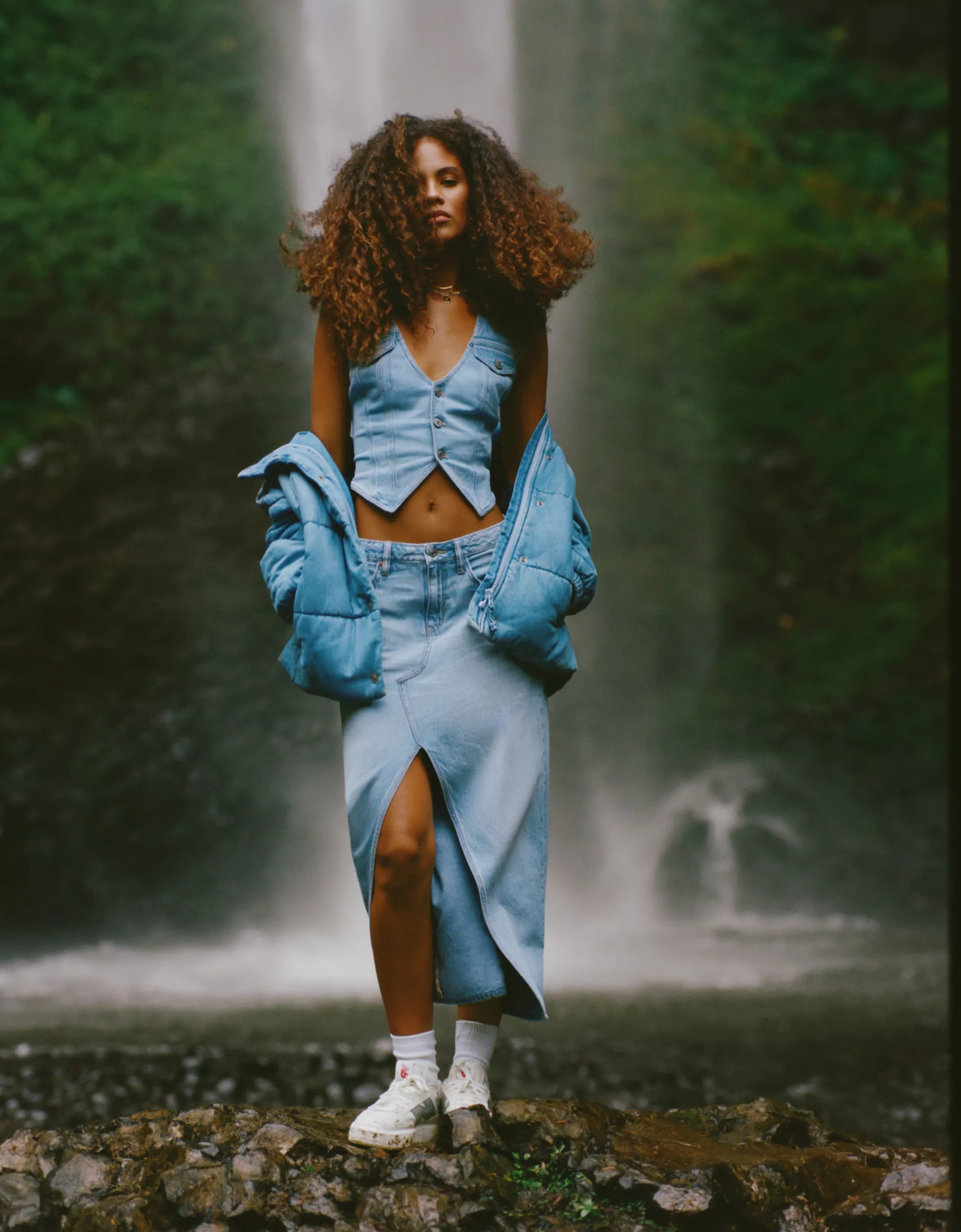 AE Dreamy Drape Low-Rise Denim Maxi Skirt | American Eagle Outfitters (US & CA)