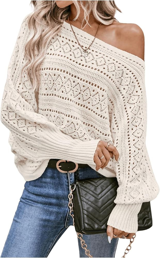 Verdusa Women's Off The Shoulder Sweater Crochet Dolman Sleeve Hollow Out Oversized Boat Neck Lon... | Amazon (US)