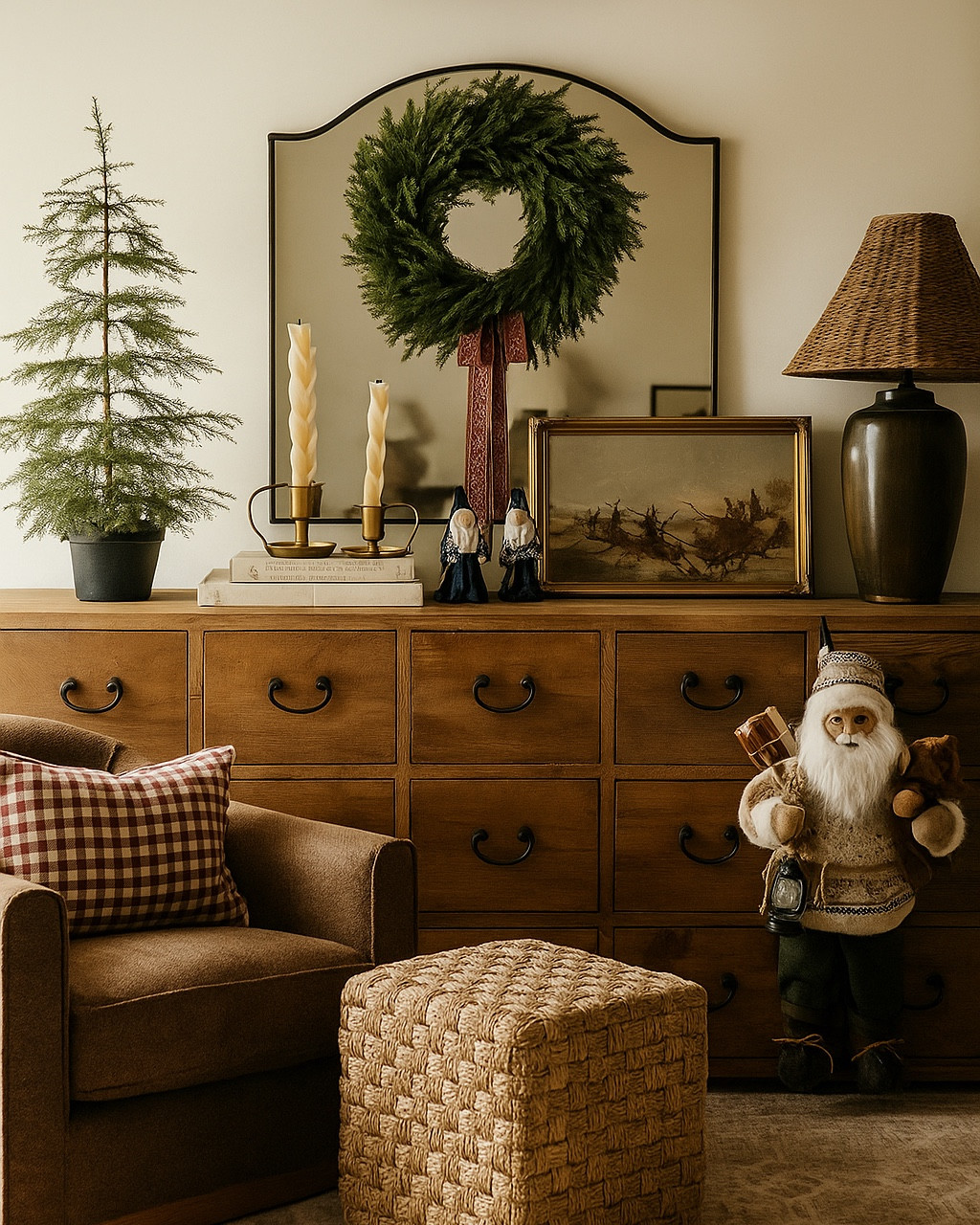 Love this cozy holiday console table. I’m leaving both mood boards there for inspiration, extra large console table, entryway, console table, brown, accent chair, fresh cut, looking realistic wreath, small Christmas tree, Christmas art from Etsy, the cutest Santa Claus, holiday pillow, ottoman, woven ottoman, moody living room room

#LTKSaleAlert #LTKHoliday #LTKHome