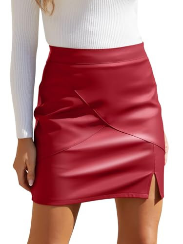 We1Fit Womens Fuax Leather Skirt High Waisted Bodycon Pencil Mini Skirts with Shorts Red | Amazon (US)