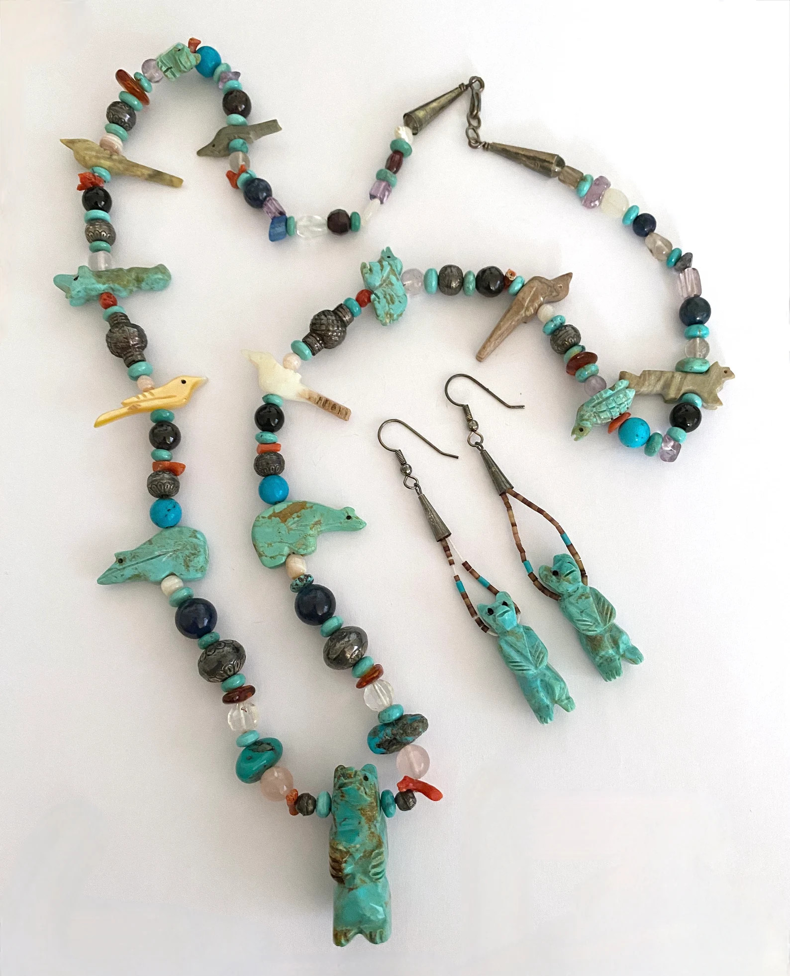 Vintage Fetish Necklace and Earrings, Larger Turquoise Bear Centers the Necklace and Dangle Earri... | Etsy (UK)