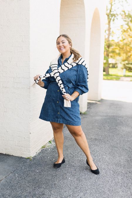Fall outfit- denim dress with striped sweater & ballet flats. Wearing size XL in dress and sweater, size 11 in flats. 

#LTKSeasonal #LTKstyletip #LTKmidsize