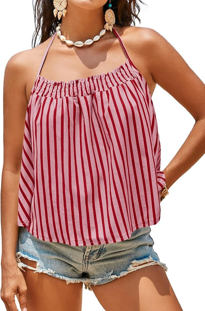 Tankaneo Womens Striped Halter Camisole Tank Tops Vacation Open Back Crop Tops Flowy Pleated Y2k ... | Amazon (US)