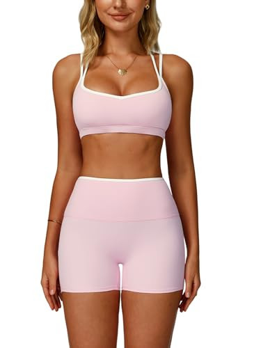 ABOCIW Workout Sets for Women 2 Piece Color Block Strappy Sports Bra High Waist Shorts Gym Set Yoga Pilates Outfits Athletic Work Out Clothes Pink Large | Amazon (US)