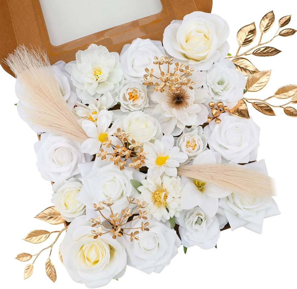Floweroyal Artificial Flowers Combo Pure White Flowers Mix Silk Flowers Fake Roses with Stems for... | Amazon (US)